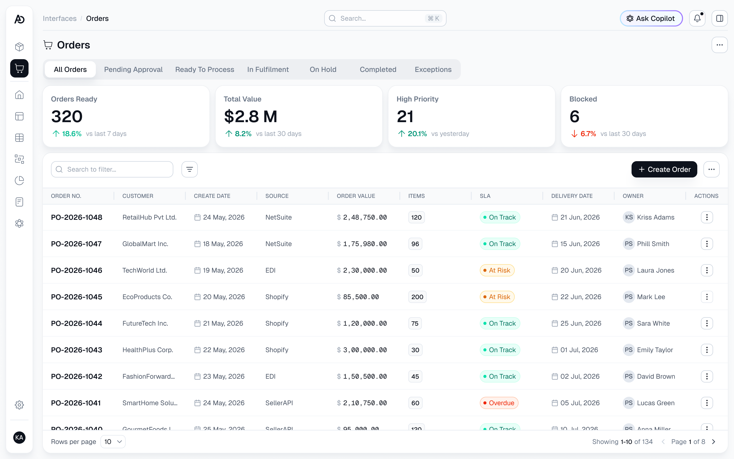 AutoOps Sales Order Coordination product screen
